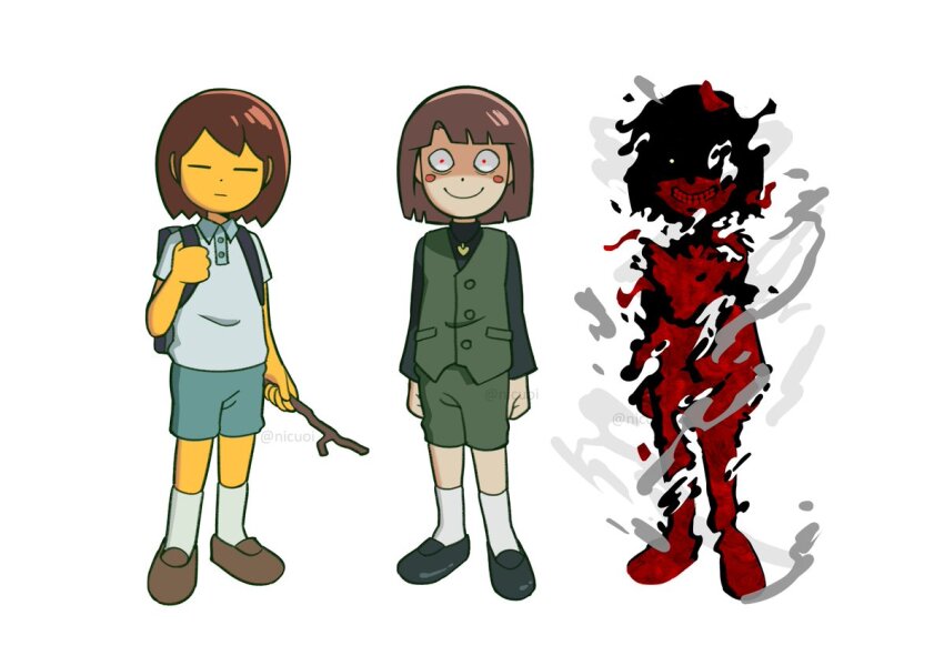 3others, brown_hair, chara_(undertale), closed_eyes, closed_mouth, collared_shirt, commentary, english_commentary
