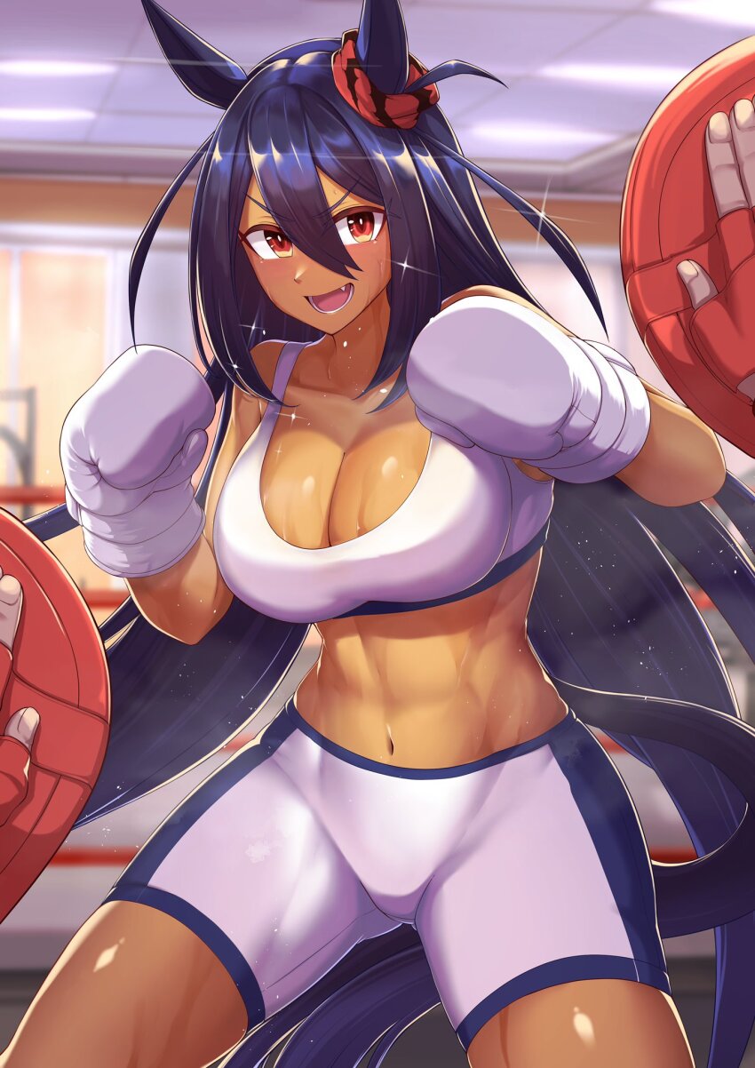 1girl, animal_ears, bare_shoulders, bike_shorts, blue_hair, blurry, blurry_background, boxing_gloves