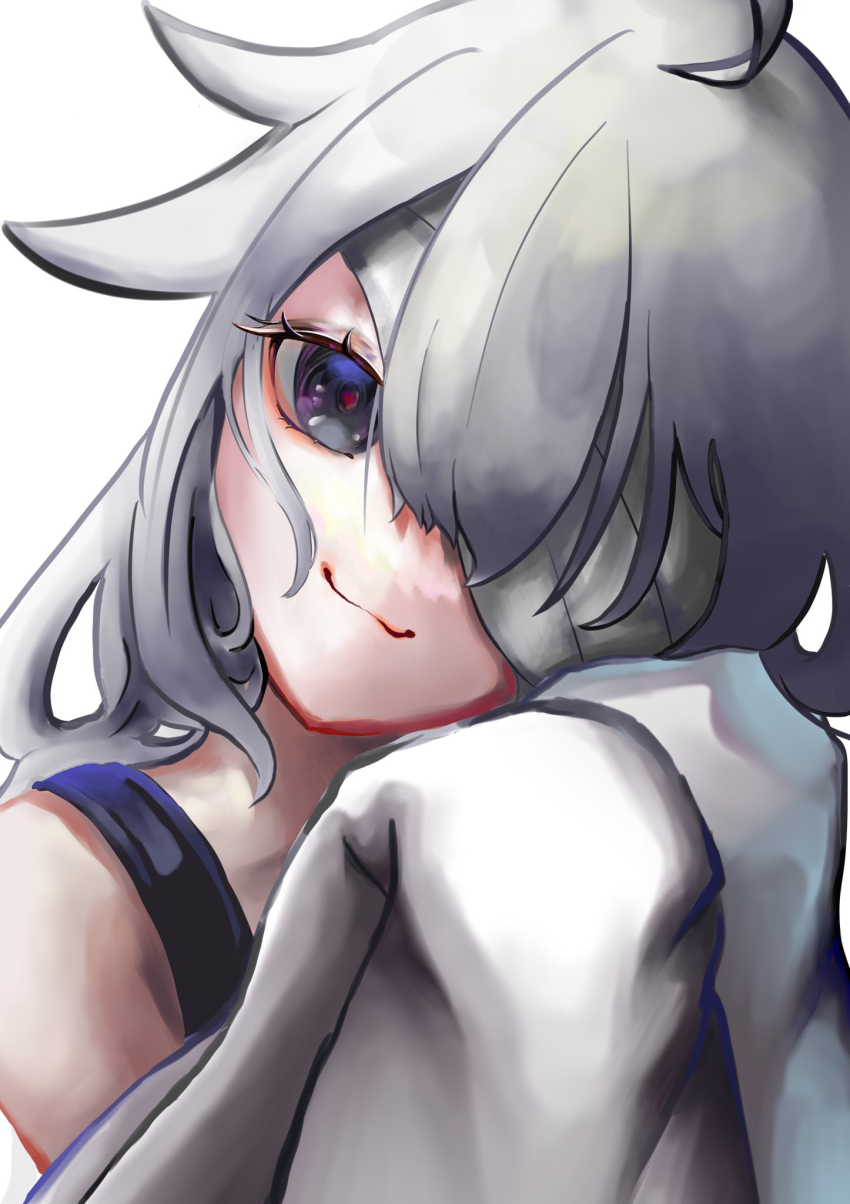 1girl, ahoge, amehachi88, bandage_over_one_eye, closed_mouth, grey_eyes, grey_hair, hair_between_eyes