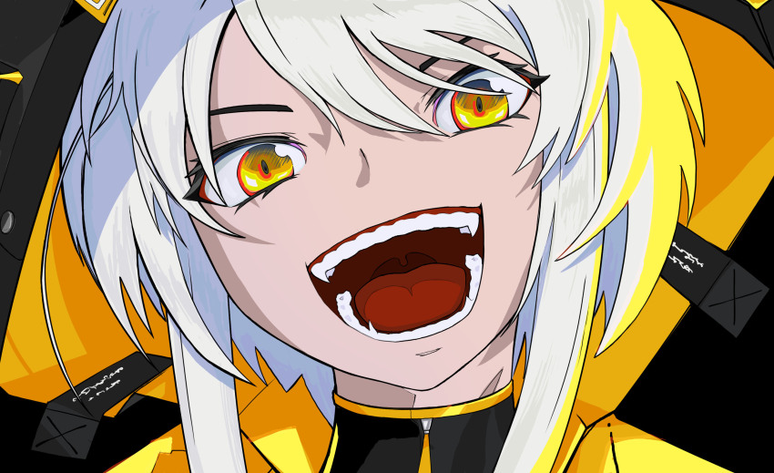 1girl, black_hoodie, cjcg8877, evil_smile, hair_between_eyes, highres, hood, hoodie, karenina:_blast_(pgr), karenina_(pgr), open_mouth, punishing:_gray_raven, smile, solo, teeth, tongue, white_hair, yellow_eyes, yellow_hoodie