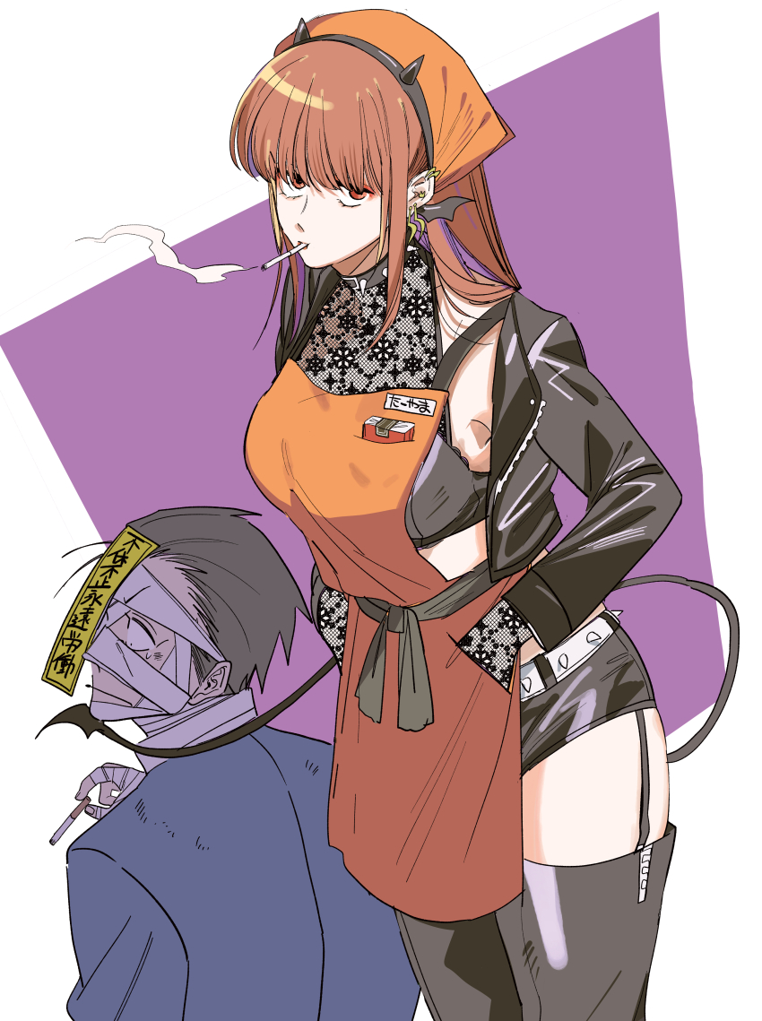 1boy, 1girl, absurdres, apron, bandage_on_face, bandages, black_bra, black_choker