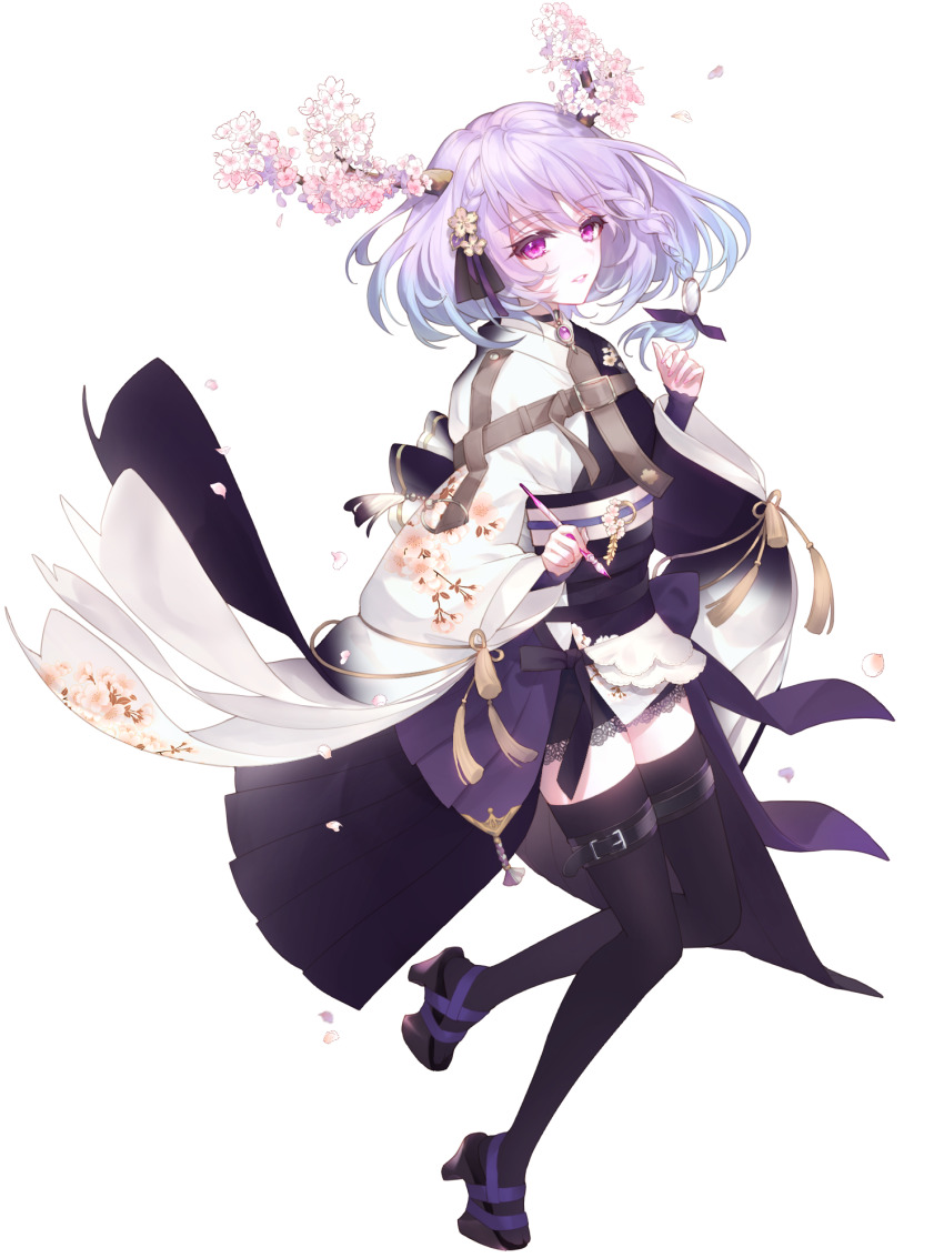 1girl, antlers, belt, black_kimono, black_ribbon, black_thighhighs, braid, chateau_francesca, dairoku_ryouhei, floral_print, flower, flower_ornament, full_body, grey_hair, hair_ribbon, highres, holding, holding_pen, horns, japanese_clothes, jewelry, kimono, matataki_(shunki), medium_hair, pen, platform_footwear, purple_eyes, ribbon, solo, tassel, thigh_belt, thigh_strap, thighhighs, transparent_background, tree_horns, two-tone_kimono, white_kimono, wide_sleeves, zettai_ryouiki