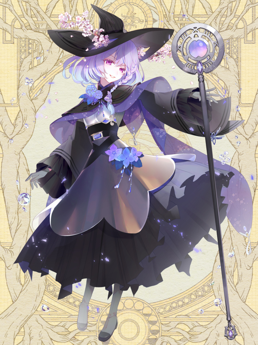 1girl, animal_ears, antlers, black_footwear, black_hat, braid, bubble, chateau_francesca