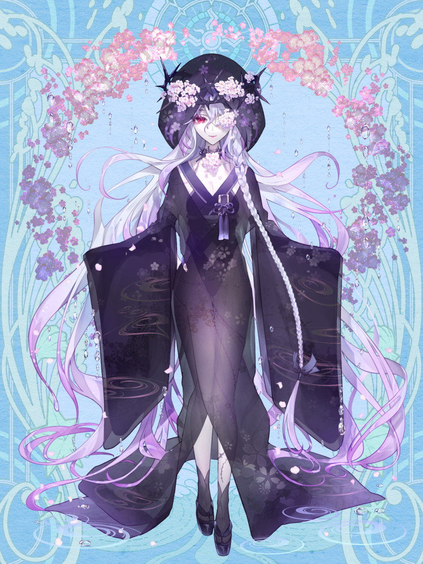 1girl, absurdly_long_hair, black_dress, black_footwear, blue_background, breasts, chateau_francesca, cleavage, crown_of_thorns, dairoku_ryouhei, dress, flower, full_body, gradient_hair, grey_hair, hair_over_one_eye, highres, long_hair, looking_at_viewer, matataki_(shunki), medium_breasts, multicolored_hair, pale_skin, pink_eyes, purple_hair, ripples, see-through_clothes, see-through_dress, standing, very_long_hair, wide_sleeves