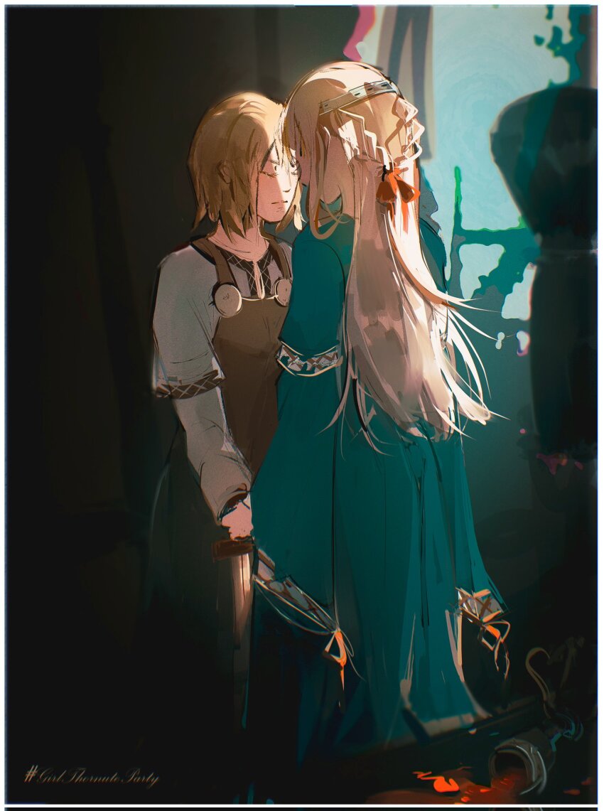 2girls, blonde_hair, bow, canute, canutie, chalice, closed_eyes, closed_mouth, cup, dress, english_text, face-to-face, female_focus, floating_hair, genderswap, genderswap_(mtf), hashtag, headband, highres, long_hair, multiple_girls, ribbon, thorfinn, vinland_saga, yuri