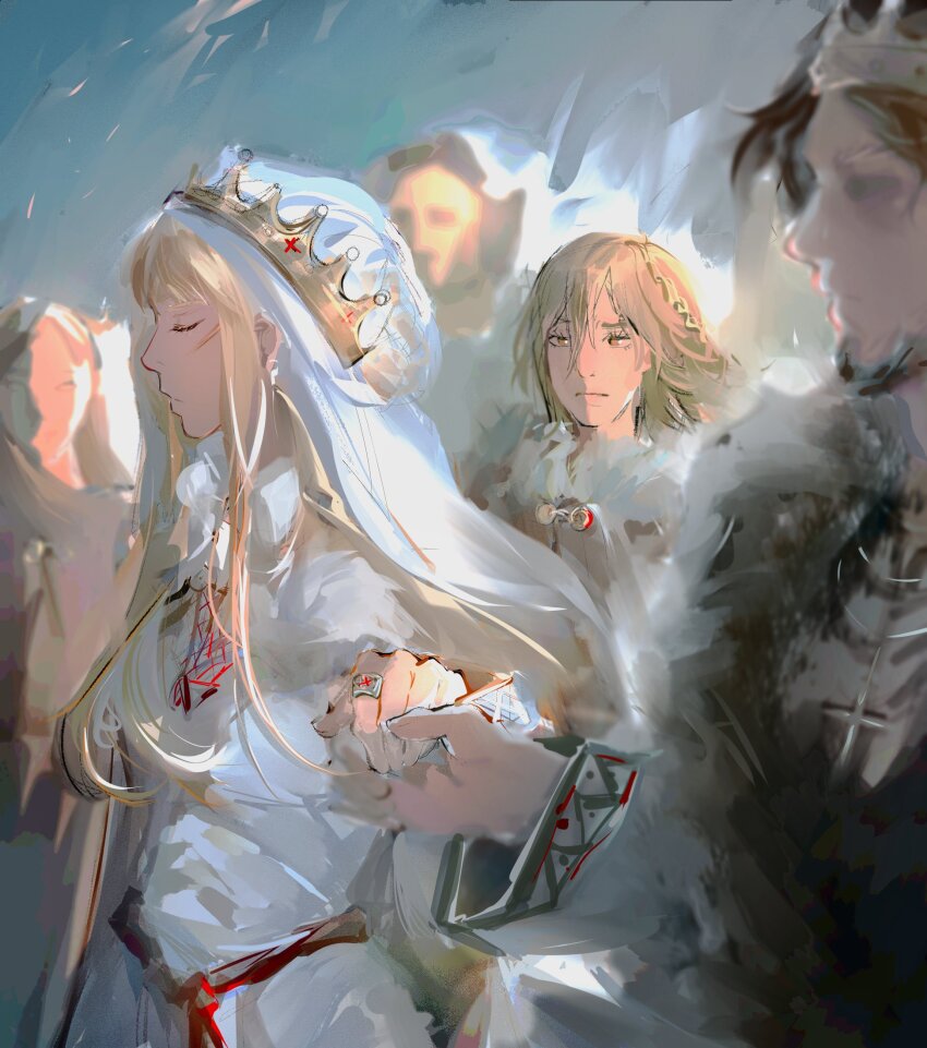 2boys, 3girls, beard, blonde_hair, braid, brown_eyes, brown_hair, canute, canutie, closed_eyes, closed_mouth, crown, dress, edmund_ironside, eyelashes, facial_hair, facial_scar, fur_trim, genderswap, genderswap_(mtf), highres, holding_hands, jewelry, long_hair, looking_at_another, multiple_boys, multiple_girls, ring, scar, scar_on_cheek, scar_on_face, thorfinn, viking, vinland_saga, wedding, wedding_dress