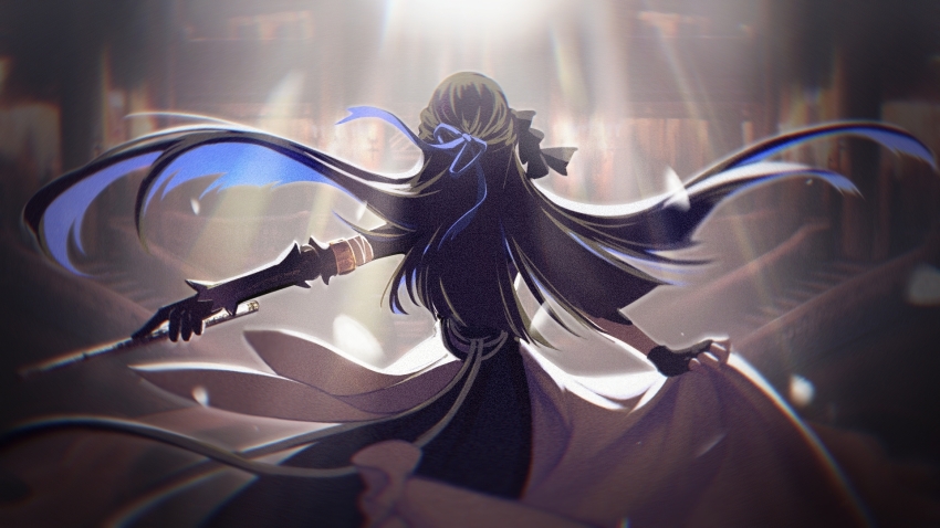 1girl, anz1105, back, black_dress, black_gloves, black_hair, blue_hair, clothes_lift