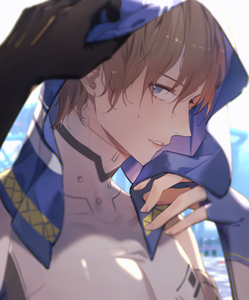 1boy, 1other, ambiguous_gender, amenohi, black_gloves, blonde_hair, blue_eyes, blue_gloves