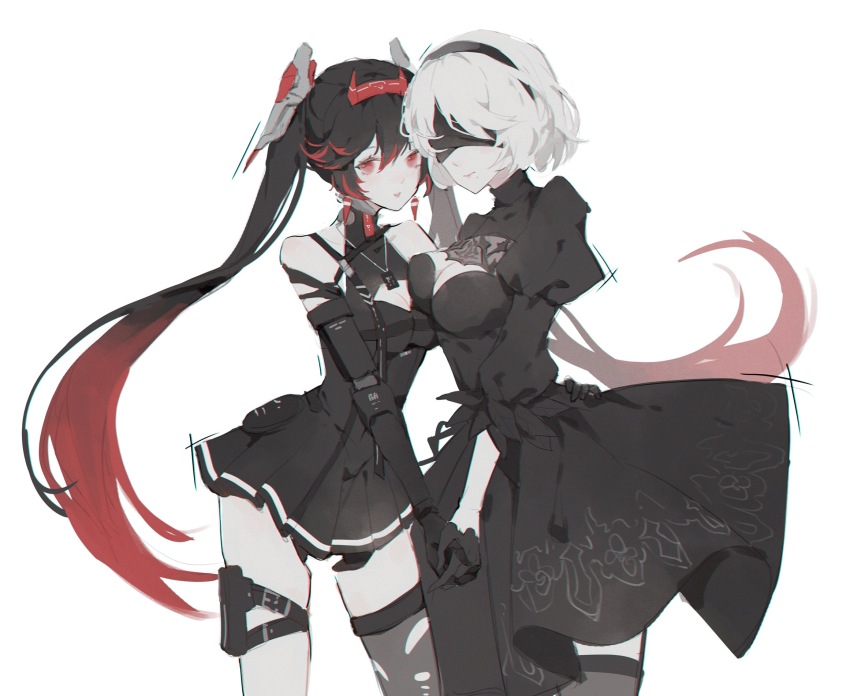 2b_(nier:automata), 2girls, android, asymmetrical_legwear, barcode, black_dress, black_gloves, black_hair