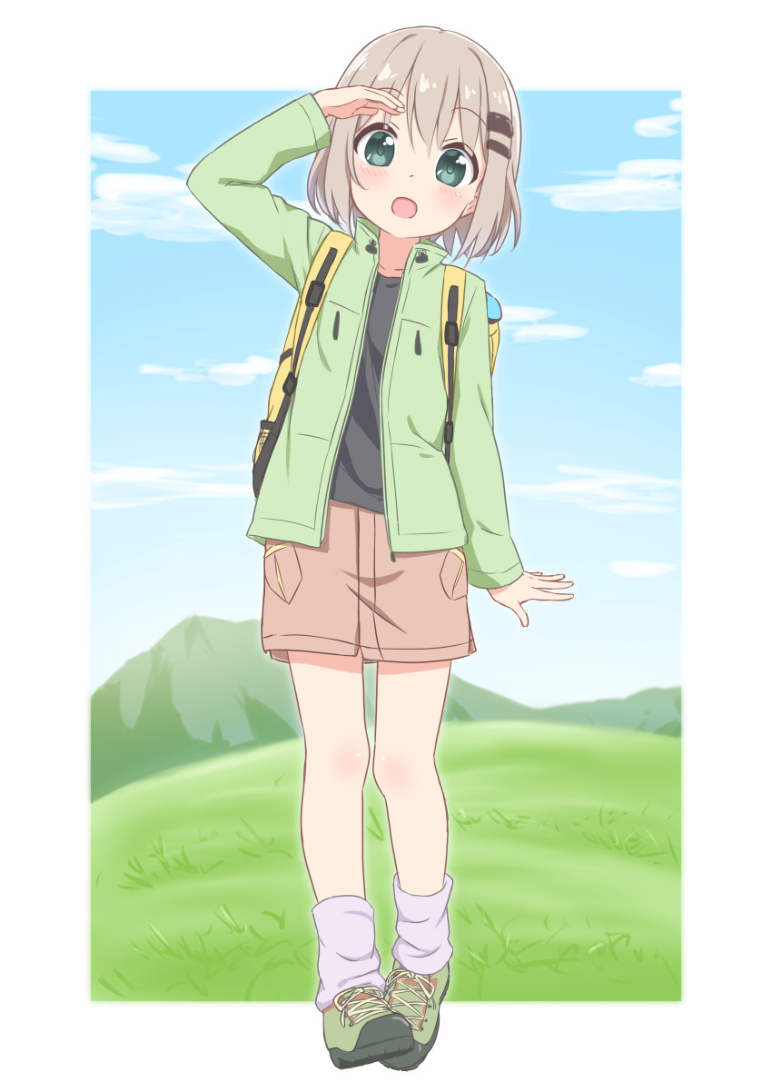 1girl, absurdres, arm_up, backpack, bag, black_shirt, blush, boots, cloud, collarbone, day, dot_nose, female_focus, full_body, green_eyes, green_jacket, grey_hair, hair_ornament, hairclip, highres, hiking_boots, hiking_outfit, jacket, long_sleeves, looking_at_viewer, medium_hair, miniskirt, mountain, open_clothes, open_jacket, open_mouth, outdoors, scenery, shirt, skirt, sky, solo, standing, t-shirt, warukusu, yama_no_susume, yukimura_aoi