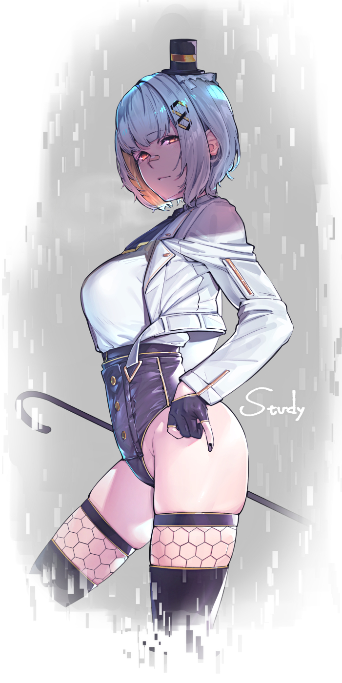 1girl, bandaid, bandaid_on_face, bandaid_on_nose, black_nails, black_thighhighs, blonde_hair, breasts, cane, colored_inner_hair, cropped_jacket, fishnet_thighhighs, fishnets, gloves, grey_hair, hachi_(live_union), hair_ornament, hairclip, hat, highres, large_breasts, leotard, live_union, looking_at_viewer, mini_hat, mini_top_hat, multicolored_hair, nail_polish, partially_fingerless_gloves, rat_huang, short_hair, skindentation, solo, thighhighs, top_hat, virtual_youtuber, yellow_eyes