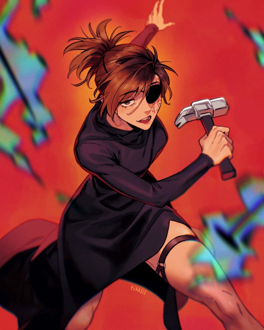 1girl, black_dress, brown_hair, china_dress, chinese_clothes, curse_energy, dress, eyepatch