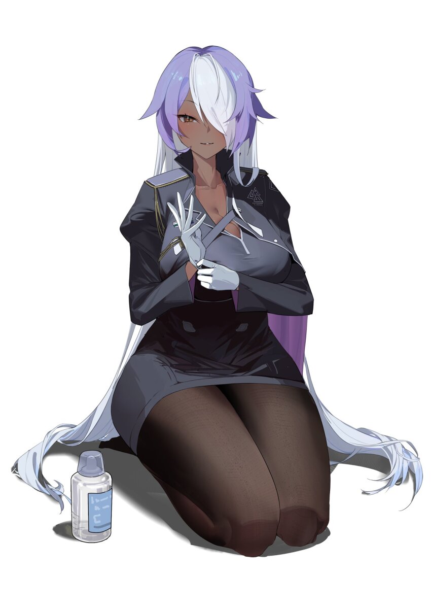 1girl, alternate_breast_size_(larger), alternate_hair_length, alternate_hairstyle, black_pantyhose, breasts, brown_eyes, cleavage