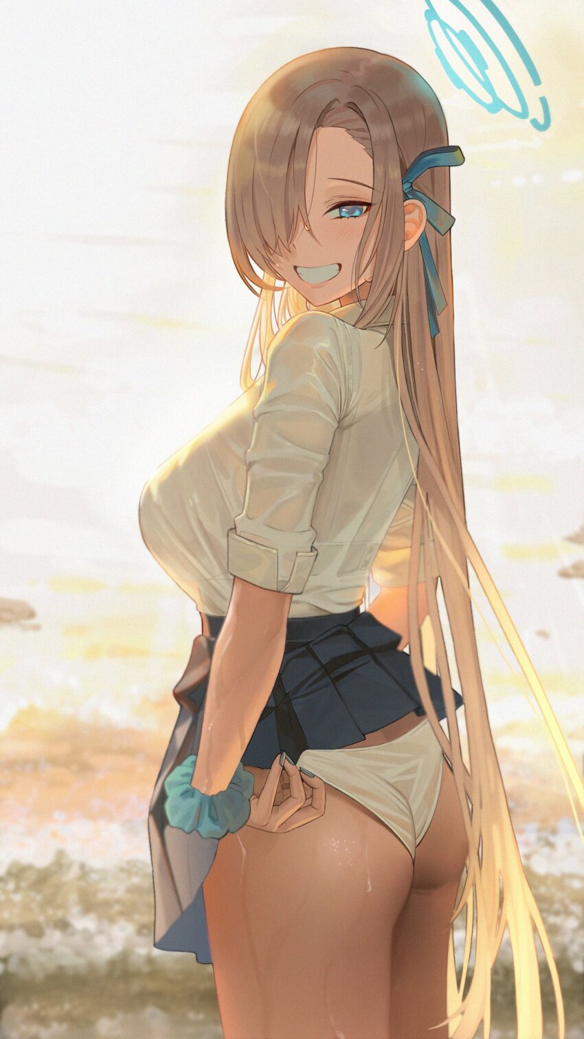 1girl, :d, absurdres, adjusting_clothes, adjusting_panties, ass, asuna_(blue_archive), blue_archive