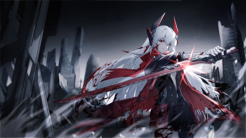 1girl, absurdres, alpha_(pgr), bandaged_arm, bandages, bandaid, bandaid_on_face, black_jacket, black_shirt, black_thighhighs, blood, blood_in_hair, blood_on_cheek, blood_on_clothes, blood_on_leg, blood_stain, bloody_weapon, building, center_opening, chinese_commentary, commentary_request, cowboy_shot, gradient_clothes, gradient_jacket, grey_eyes, hair_over_one_eye, headgear, headphones, heterochromia, highres, holding, holding_sword, holding_weapon, huimao_baimao, jacket, long_hair, looking_at_viewer, alpha:_crimson_abyss_(pgr), mechanical_hands, open_clothes, open_shirt, pouch, punishing:_gray_raven, red_eyes, red_jacket, reverse_grip, ruins, scabbard, scarf, sheath, shirt, single_thighhigh, skyscraper, solo, sun_glare, sword, thigh_pouch, thighhighs, torn_clothes, torn_jacket, torn_scarf, very_long_hair, weapon, white_hair, zipper_pull_tab