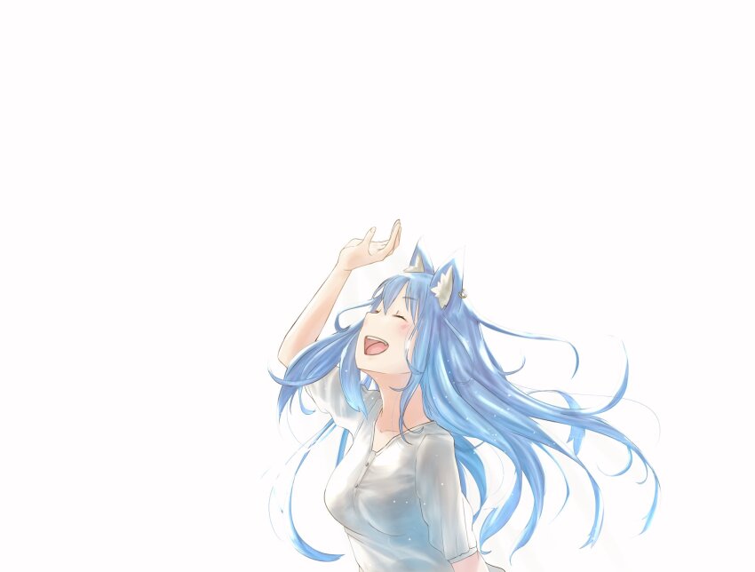 1girl, alternate_costume, animal_ear_fluff, animal_ear_piercing, animal_ears, arm_up, blue_hair, blush
