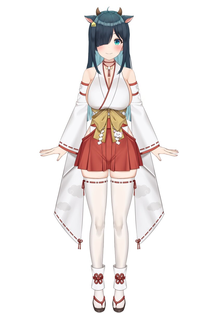 1girl, absurdres, amano_nene_(vtuber), amano_nene_(shrine_maiden)_(vtuber), animal_ears, aqua_eyes, asymmetrical_bangs, black_hair