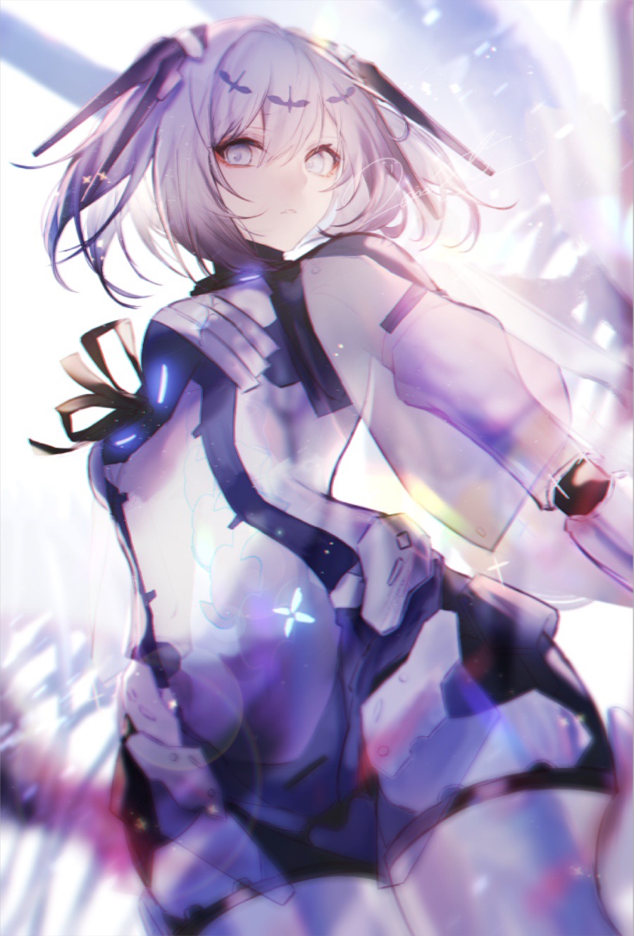 1girl, bird_hair_ornament, blurry, blurry_background, breast_ribbon, breasts, chinese_commentary, commentary, cowboy_shot, cyborg, from_below, gold_ribbon, gradient_hair, grey_hair, hair_between_eyes, hair_ornament, headgear, highres, joints, lens_flare, looking_at_viewer, looking_down, mechabare, mechanical_arms, mechanical_spine, medium_breasts, medium_hair, multicolored_hair, official_alternate_costume, punishing:_gray_raven, robot_joints, rosetta:_rigor_(einherjar)_(pgr), rosetta_(pgr), see-through_body, see-through_clothes, see-through_sleeves, shangwei_qixian, signature, solo, two_side_up, white_eyes, white_hair