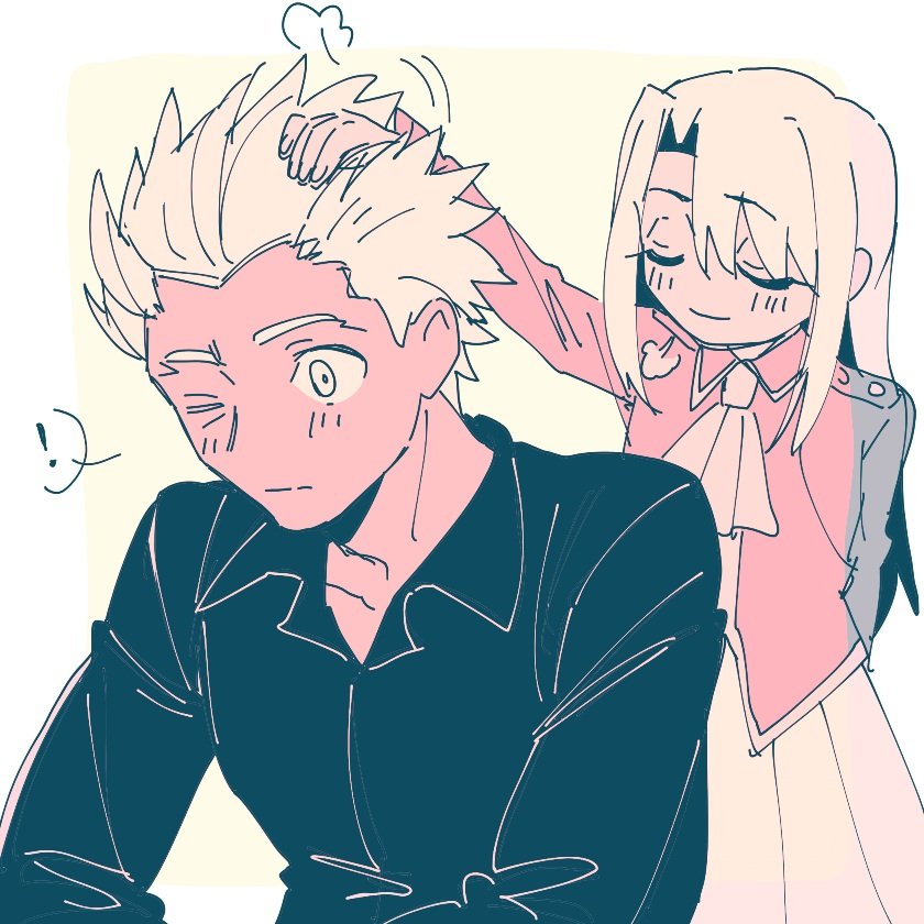 !, 1boy, 1girl, amemasu79, archer_(casual_wear)_(fate), archer_(fate), ascot, closed_eyes