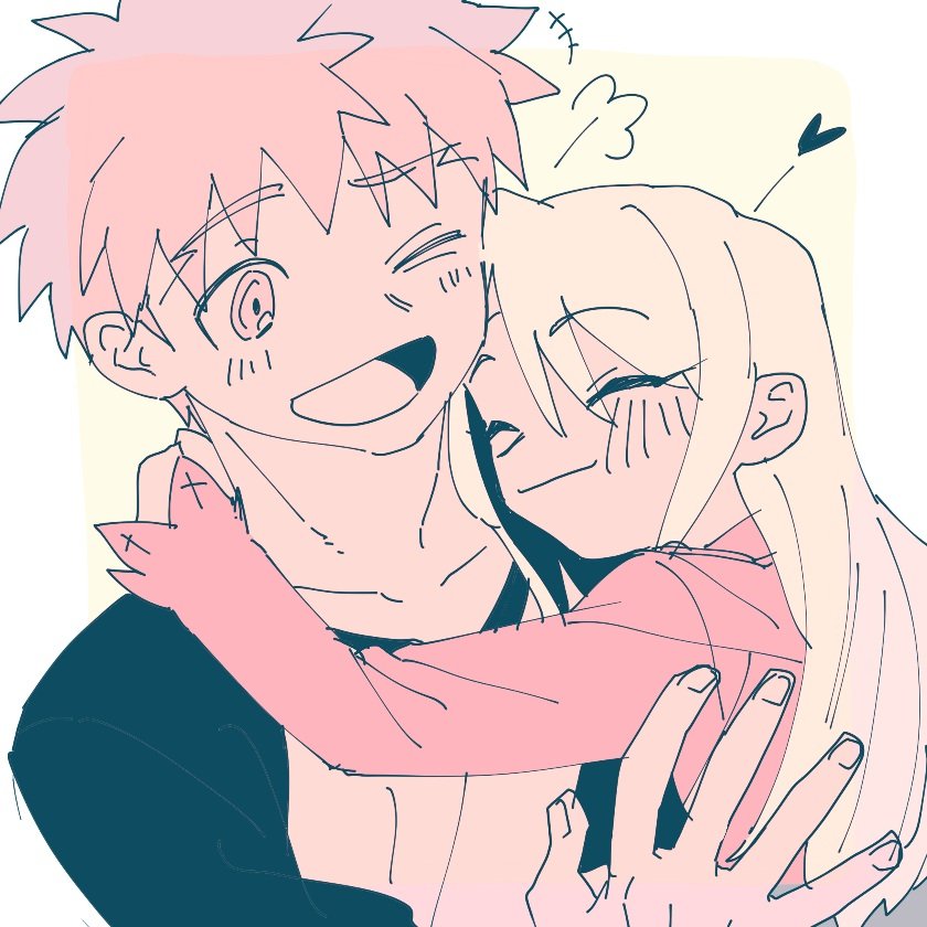 1boy, 1girl, amemasu79, close-up, closed_eyes, emiya_shirou, fate/stay_night, fate_(series)