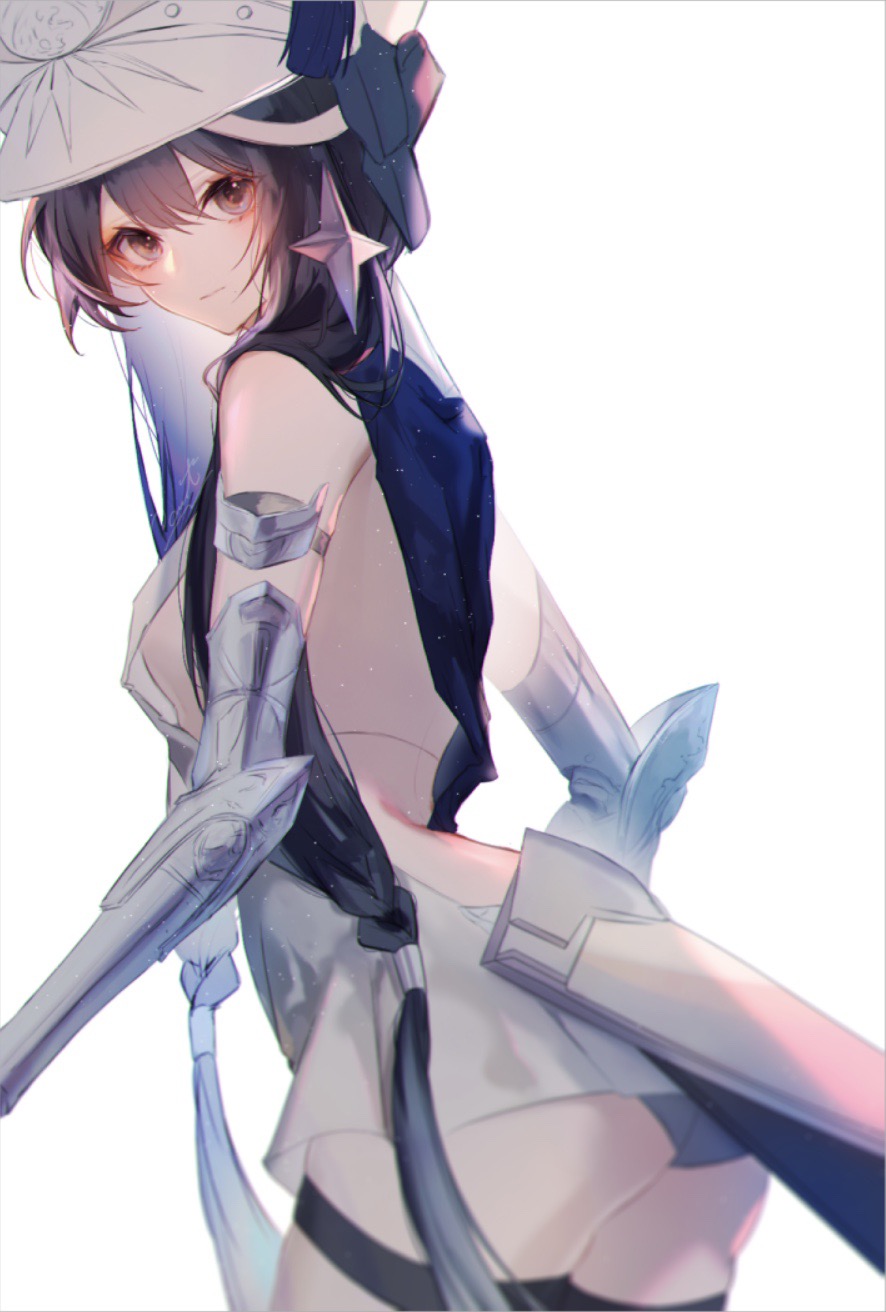 1girl, ass_peek, backless_dress, backless_outfit, bare_back, black_hair, blue_dress, braid, braided_ponytail, breasts, chinese_commentary, commentary, cowboy_shot, dress, dutch_angle, eyeliner, from_behind, front_braid, grey_eyes, grey_panties, hair_ornament, hat, highres, joints, large_hat, long_hair, looking_at_viewer, looking_back, low-braided_long_hair, low-tied_long_hair, makeup, mechanical_arms, median_furrow, official_alternate_costume, panties, punishing:_gray_raven, qu:_pavo_(flawless_tempo)_(pgr), qu_(pgr), red_eyeliner, revealing_clothes, robot_joints, shako_cap, shangwei_qixian, short_dress, sideboob, sleeveless, sleeveless_dress, small_breasts, solo, star_(symbol), star_hair_ornament, thigh_strap, two-tone_dress, underwear, very_long_hair, white_dress, white_hat