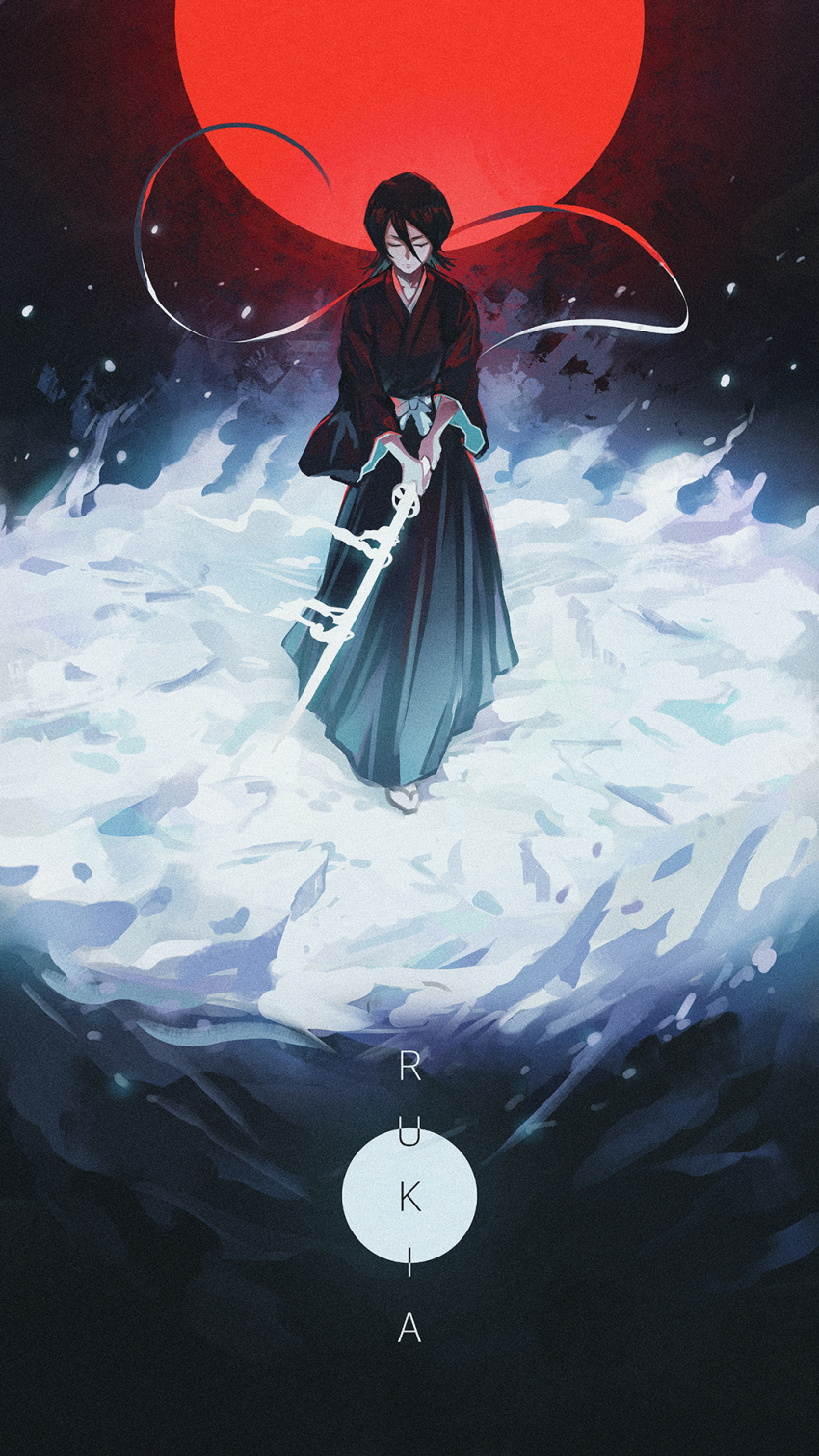 1girl, bleach, character_name, cryokinesis, dinhosaur, highres, holding, holding_sword, holding_weapon, ice, japanese_clothes, katana, kuchiki_rukia, red_circle, sword, weapon