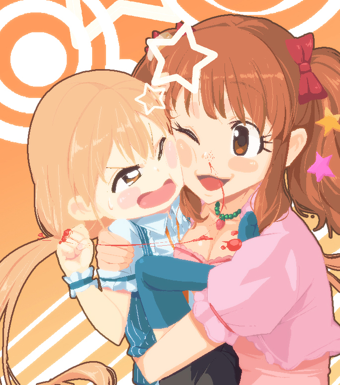 2girls, :3, angry, blonde_hair, blood, blood_on_hands, blue_thighhighs, blush_stickers, bow, breasts, brown_eyes, brown_hair, chimosaku, cleavage, collared_shirt, commentary_request, cropped_jacket, face_punch, floating_hair, foot_pushing, frilled_wrist_cuffs, frills, futaba_anzu, hair_bow, hair_ornament, height_difference, hug, idolmaster, idolmaster_cinderella_girls, in_the_face, jacket, jewelry, long_hair, low_twintails, medium_breasts, moroboshi_kirari, multiple_girls, multiple_hair_bows, neck_ribbon, necklace, no_shoes, nosebleed, one_eye_closed, open_mouth, orange_background, orange_ribbon, petite, pink_jacket, pink_shirt, puffy_short_sleeves, puffy_sleeves, punching, pushing, red_bow, ribbon, shirt, short_sleeves, smile, star_(symbol), star_hair_ornament, struggling, sweatdrop, thighhighs, twintails, two-tone_background, undone_neck_ribbon, upper_body, v-shaped_eyebrows, white_background, wrist_cuffs