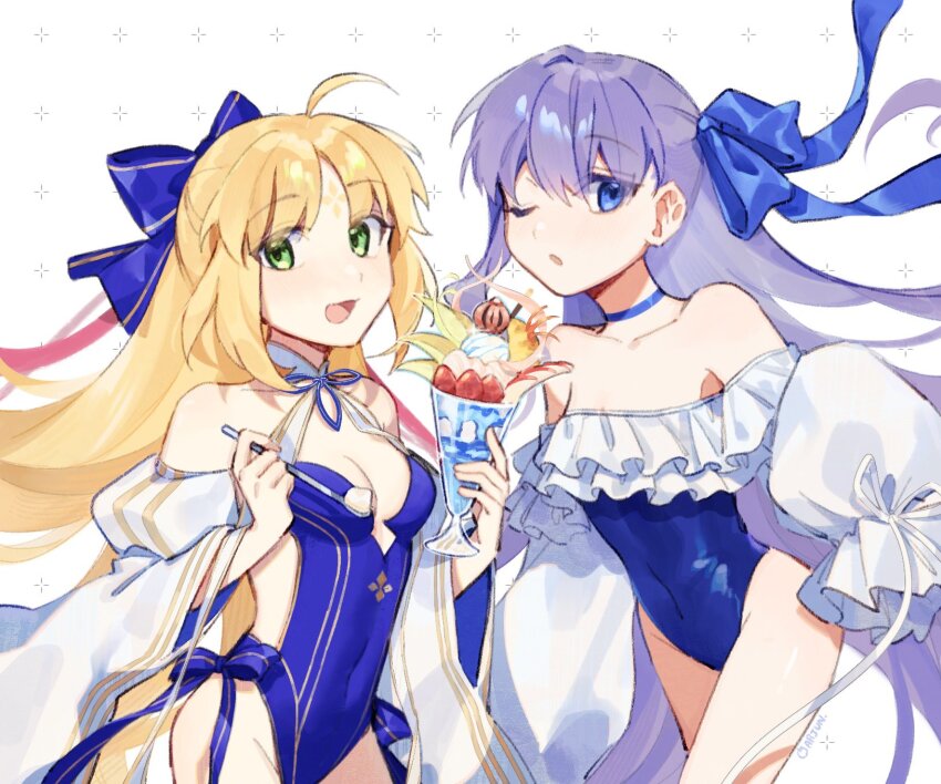 2girls, :o, ahoge, artoria_caster_(fate), artoria_caster_(swimsuit)_(fate), artoria_caster_(swimsuit)_(third_ascension)_(fate), artoria_caster_(swimsuit_berserker)_(third_ascension)_(fate), artoria_pendragon_(fate), bare_shoulders, blonde_hair, blue_choker, blue_one-piece_swimsuit, blue_ribbon, breasts, choker, citrusarjun, cleavage, clothing_cutout, collarbone, commentary_request, covered_navel, facial_mark, fate/grand_order, fate_(series), forehead_mark, green_eyes, hair_ribbon, highleg, highleg_one-piece_swimsuit, highres, long_hair, looking_at_viewer, meltryllis, meltryllis_(fate), meltryllis_(swimsuit_lancer)_(fate), meltryllis_(swimsuit_lancer)_(second_ascension)_(fate), multiple_girls, one-piece_swimsuit, one_eye_closed, parted_bangs, purple_eyes, purple_hair, ribbon, simple_background, small_breasts, smile, swimsuit, very_long_hair, white_background