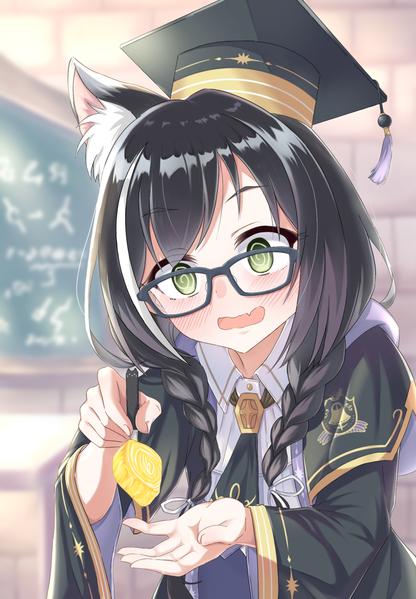 @_@, alternate_costume, alternate_hairstyle, animal_ears, black_hair, blurry, blurry_background, blush, braid, cat_ears, commentary_request, fang, feeding, food, glasses, green_eyes, hat, highres, karyl_(princess_connect!), karyl_(transfer_student)_(princess_connect!), looking_at_viewer, open_mouth, princess_connect!, school_uniform, tetorariumu, twin_braids