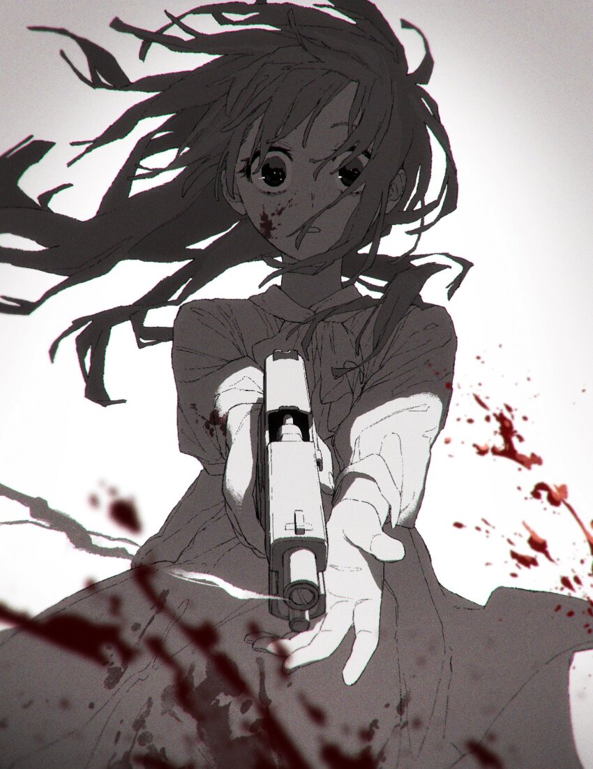 1girl, aiming, aiming_at_viewer, arisancake, ascot, blood, blood_on_clothes, blood_on_face