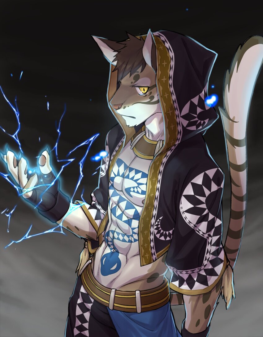 1boy, abs, animal_ears, bare_pectorals, commentary_request, electricity, electrokinesis, fingerless_gloves, furry, furry_male, gloves, hato_(heiseiradiodenk), highres, hood, hood_up, hooded_jacket, jacket, leopard_boy, leopard_ears, leopard_tail, likulau_(nekojishi), looking_at_viewer, male_focus, nekojishi, pawpads, pectorals, snake_tattoo, tail, tattoo, yellow_eyes