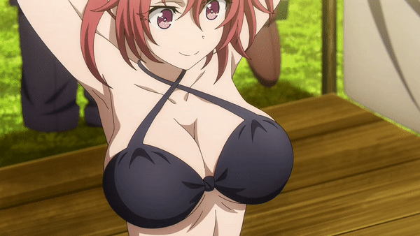 1girl, animated, animated_gif, armpits, bikini, black_bikini, bouncing_breasts, breasts, cleavage, cow_girl_(goblin_slayer!), goblin_slayer!, large_breasts, liden_films, red_eyes, red_hair, screencap, swimsuit