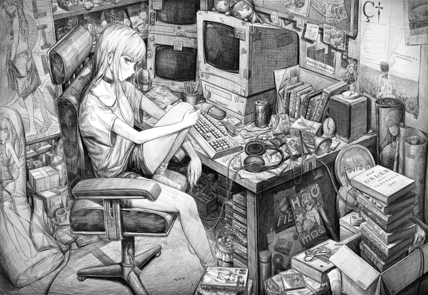 1girl, absurdly_detailed_composition, absurdres, bikini, black_choker, blush, book, book_stack, bottle, can, chair, choker, clock, closed_mouth, commentary_request, computer, computer_keyboard, dakimakura_(object), figure, full_body, greyscale, headphones, heart, highres, justice_(band), lamp, long_hair, looking_at_viewer, monochrome, new_order_(band), office_chair, original, pen, pillow, pliers, poster_(object), profile, riri_shushu_no_subete, school_swimsuit, science_adventure, shirt, short_sleeves, shorts, sitting, solo, star_(symbol), steins;gate, sticky_note, subfiction, swimsuit, swivel_chair, tissue_box, trash_can, water_bottle