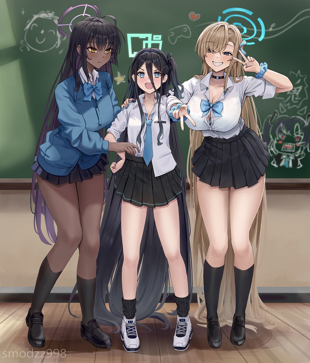 3girls, absurdly_long_hair, aqua_halo, aris_(blue_archive), asuna_(blue_archive), asuna_(school_uniform)_(blue_archive), black_choker, black_footwear