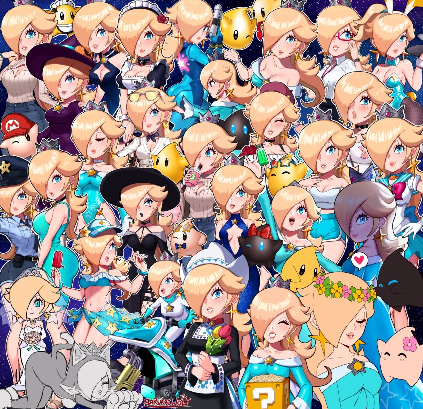 6+girls, absurdres, alternate_costume, aqua_dress, aqua_eyes, baby_luma, bespectacled, biker_rosalina, blonde_hair, blue_dress, blue_eyes, blue_leotard, breasts, brooch, business_suit, cat_rosalina, cleavage, collarbone, crown, dress, earrings, eyeshadow, eyewear_on_head, formal_clothes, glasses, hair_over_one_eye, hat, highres, jewelry, leotard, long_sleeves, luma_(mario), maid, makeup, mario_(series), medium_breasts, multiple_girls, multiple_persona, nintendo, off-shoulder_dress, off_shoulder, one_eye_covered, pantyhose, playboy_bunny, polari_(super_mario_galaxy), polaris_(star), police, police_uniform, purple_eyeshadow, purple_lips, rosalina, rosalina_(halloween), rosalina_(swimwear), sailor_dress, sarukaiwolf, star_(symbol), star_brooch, star_earrings, strapless, strapless_leotard, suit, witch_hat, zero_suit