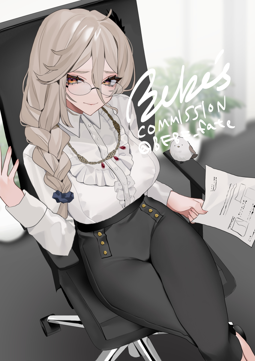 1girl, absurdres, ahoge, artist_name, bebe_(bebe_pp), bird, black_pants, black_scrunchie, blurry, blurry_background, braid, breasts, brown_eyes, center_frills, chair, collared_shirt, commission, frills, glasses, grey_hair, hair_between_eyes, hair_ornament, hair_scrunchie, highres, holding, holding_paper, indie_virtual_youtuber, jewelry, kira_hishotori, large_breasts, long_hair, long_sleeves, necklace, office_lady, pants, paper, plant, scrunchie, shirt, side_braid, sitting, skeb_commission, swivel_chair, twitter_username, virtual_youtuber, white_shirt