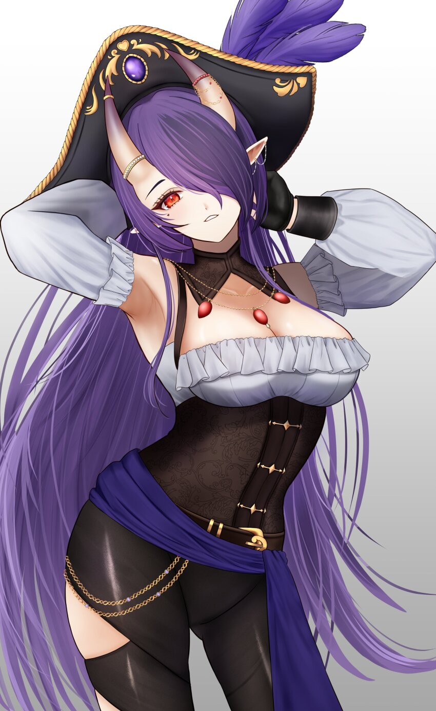 1girl, absurdres, arm_behind_head, armpits, black_corset, black_gloves, black_hat, black_pants