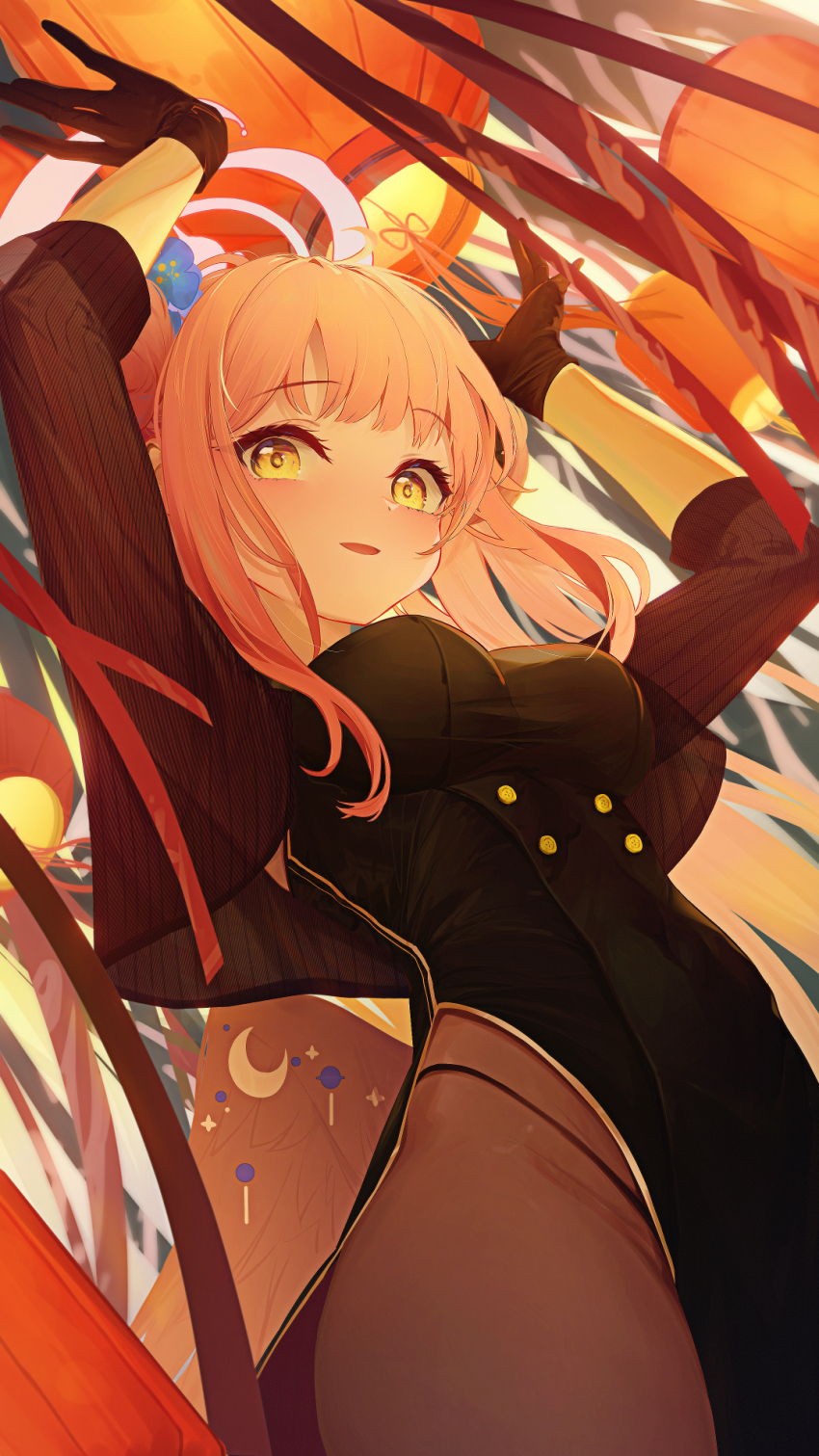 1girl, 999kun, angel_wings, black_dress, black_gloves, black_pantyhose, blue_archive, blue_flower