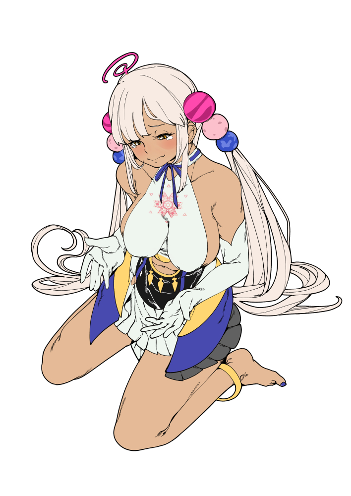 1girl, anklet, bare_shoulders, barefoot, blue_nails, blush, breasts, closed_mouth