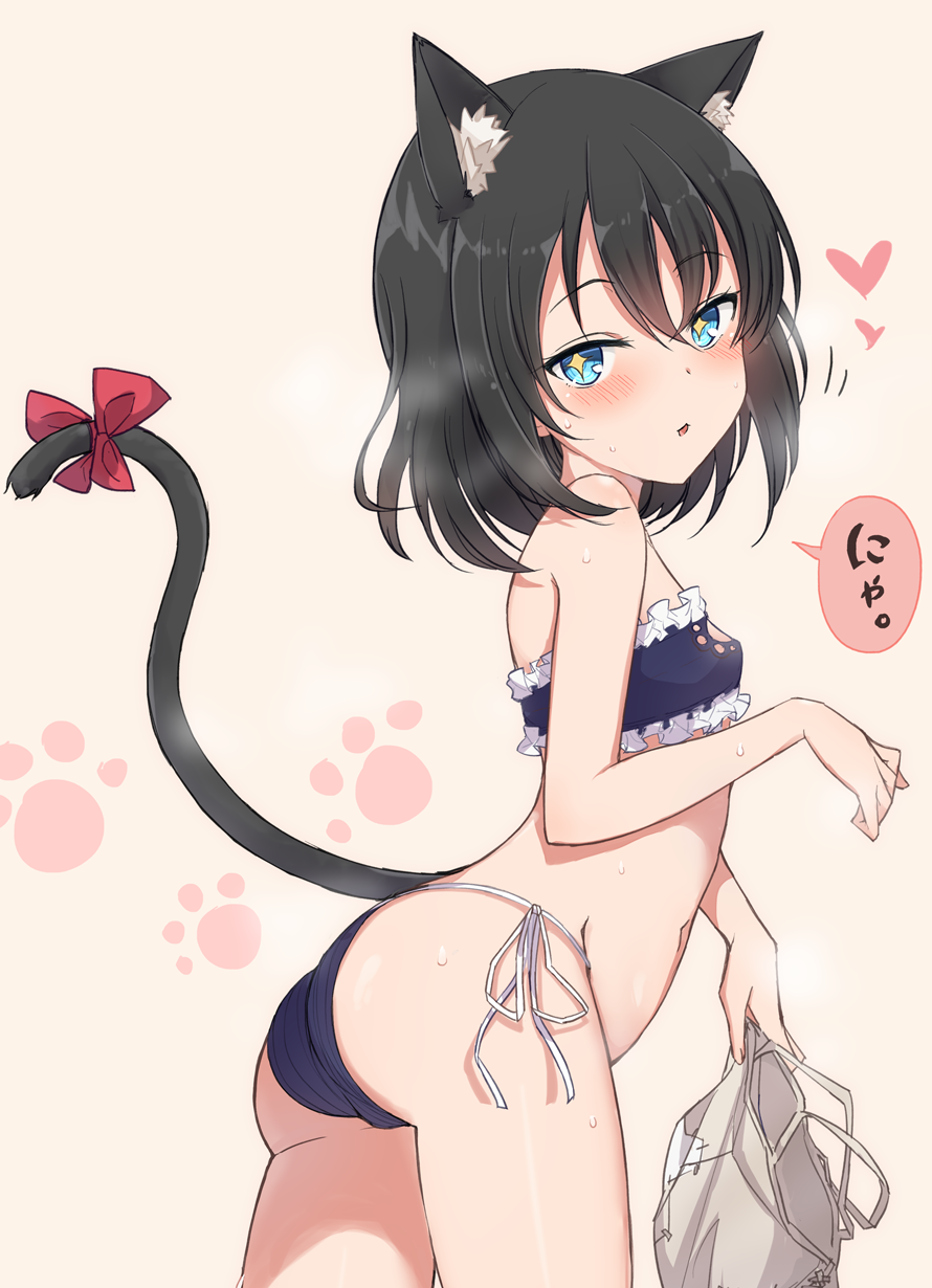 1girl, animal_ears, bikini, black_hair, blue_bikini, blue_eyes, breasts, cat_ears