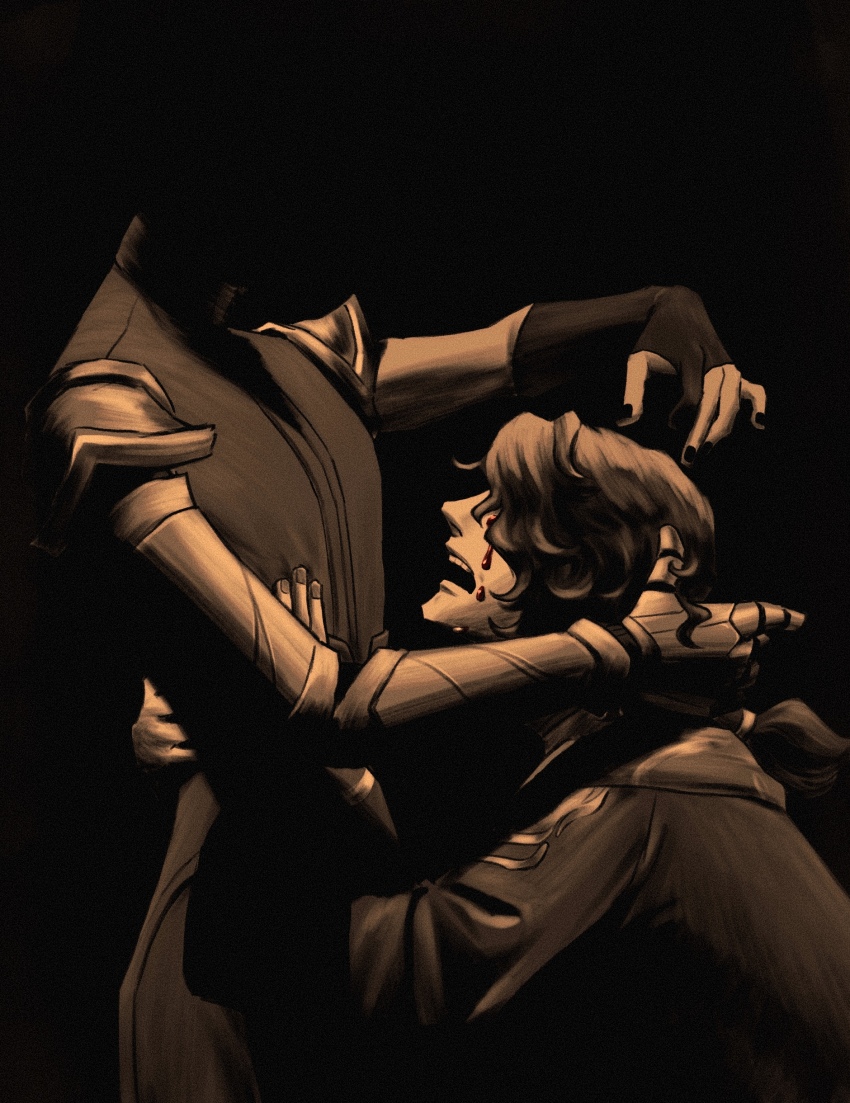 2boys, absurdres, black_background, blood, bloody_tears, crying, fingerless_gloves, fingernails