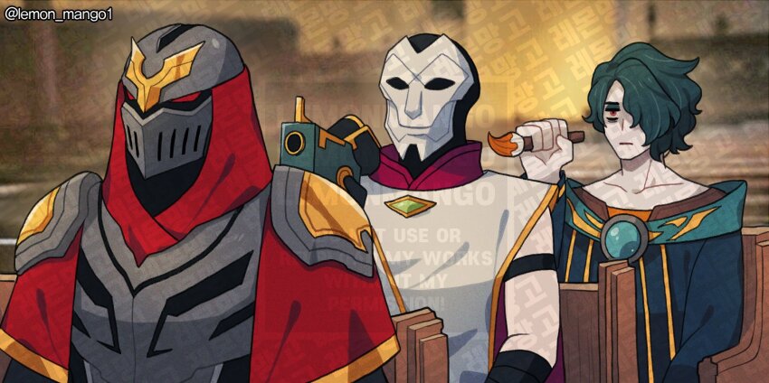 3boys, armor, artist_name, assassination_chain_(meme), bags_under_eyes, black_hair, blurry, blurry_background