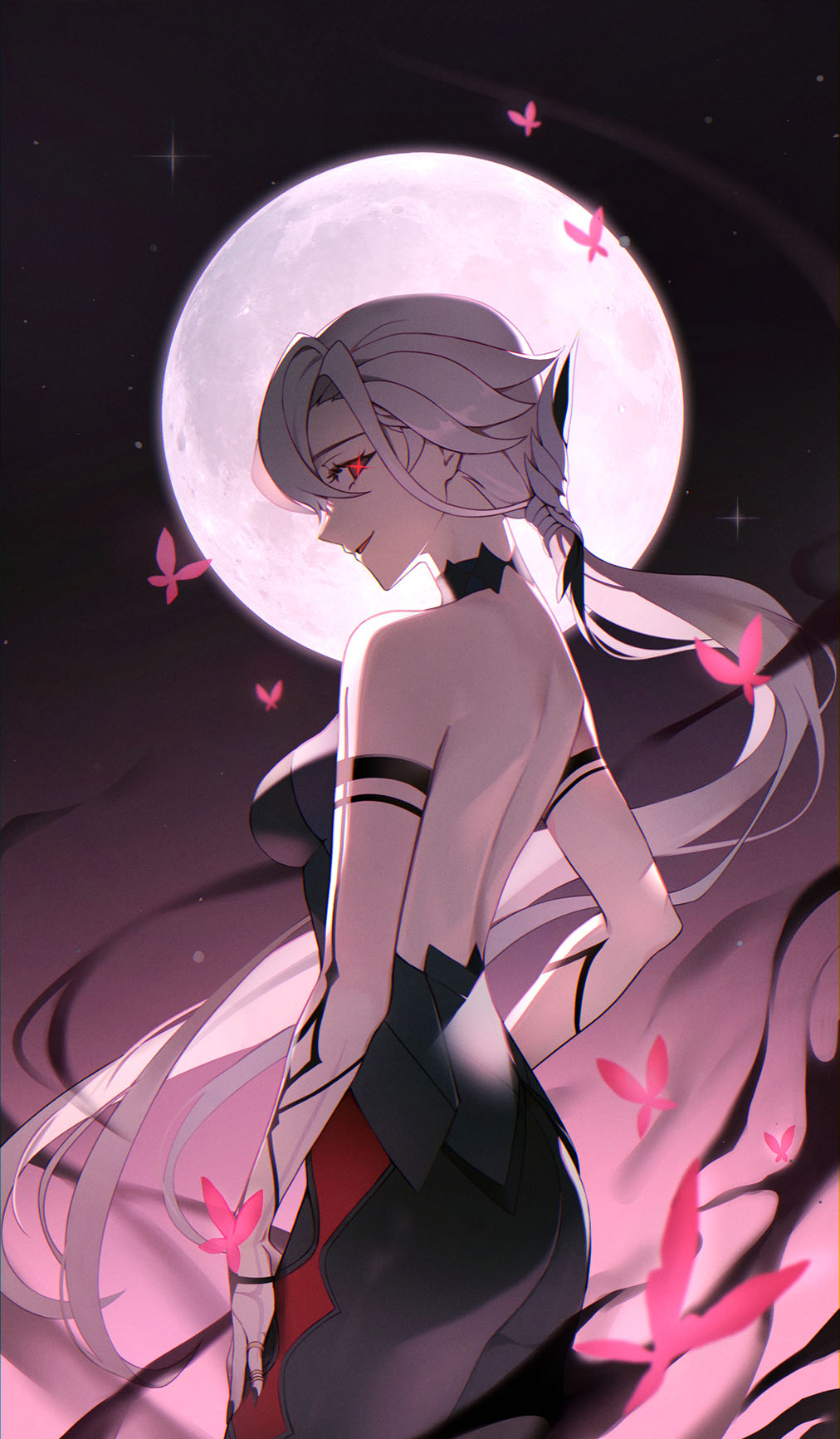 1girl, alternate_costume, arlecchino_(genshin_impact), ass, aura, backless_outfit, bare_shoulders, black_eyes