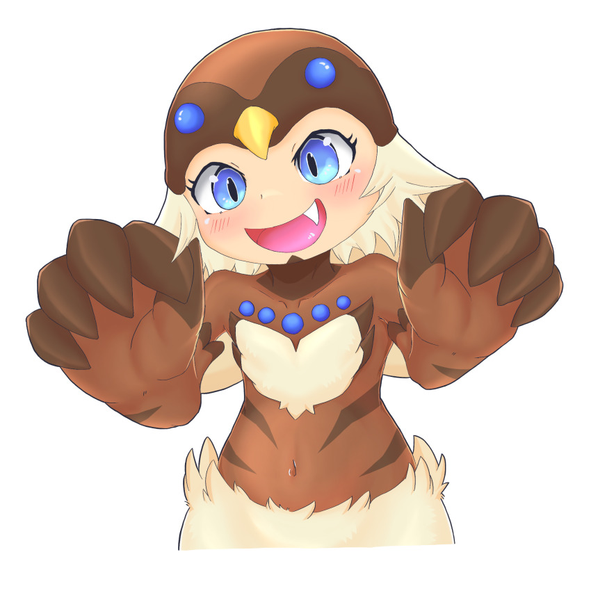 1girl, bird_hat, bird_legs, blonde_hair, blue_eyes, blush, brown_wings, commentary_request