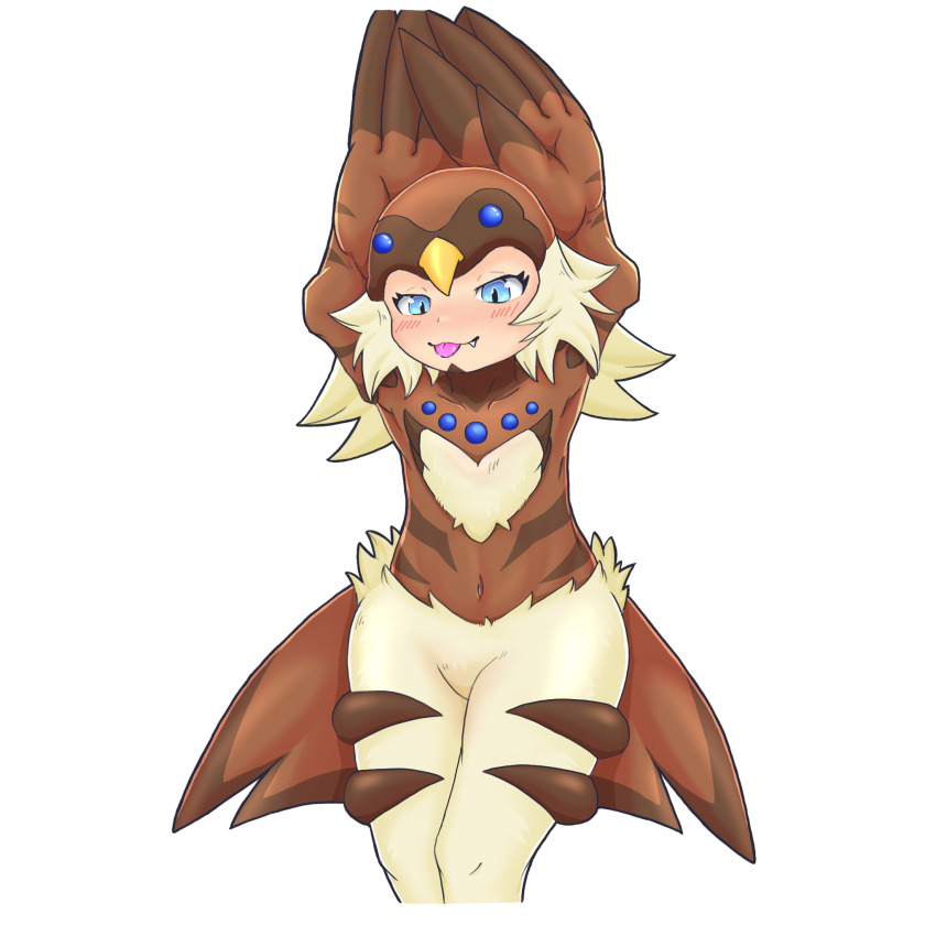 1girl, arms_up, bird_hat, bird_legs, bird_tail, blonde_hair, blue_eyes, blush