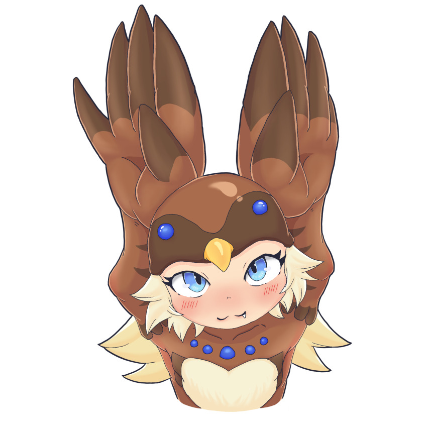 1girl, bird_hat, bird_legs, blonde_hair, blue_eyes, blush, brown_wings, commentary_request