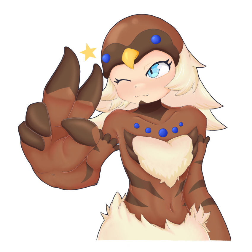 1girl, ;3, bird_hat, bird_legs, blonde_hair, blue_eyes, brown_wings, commentary_request, covered_navel, duel_monster, feather_fingers, harpy, highres, long_hair, lyrilusc_-_cobalt_sparrow, monster_girl, one_eye_closed, solo, star_(symbol), suzuki_(artist), v, winged_arms, wings, yu-gi-oh!