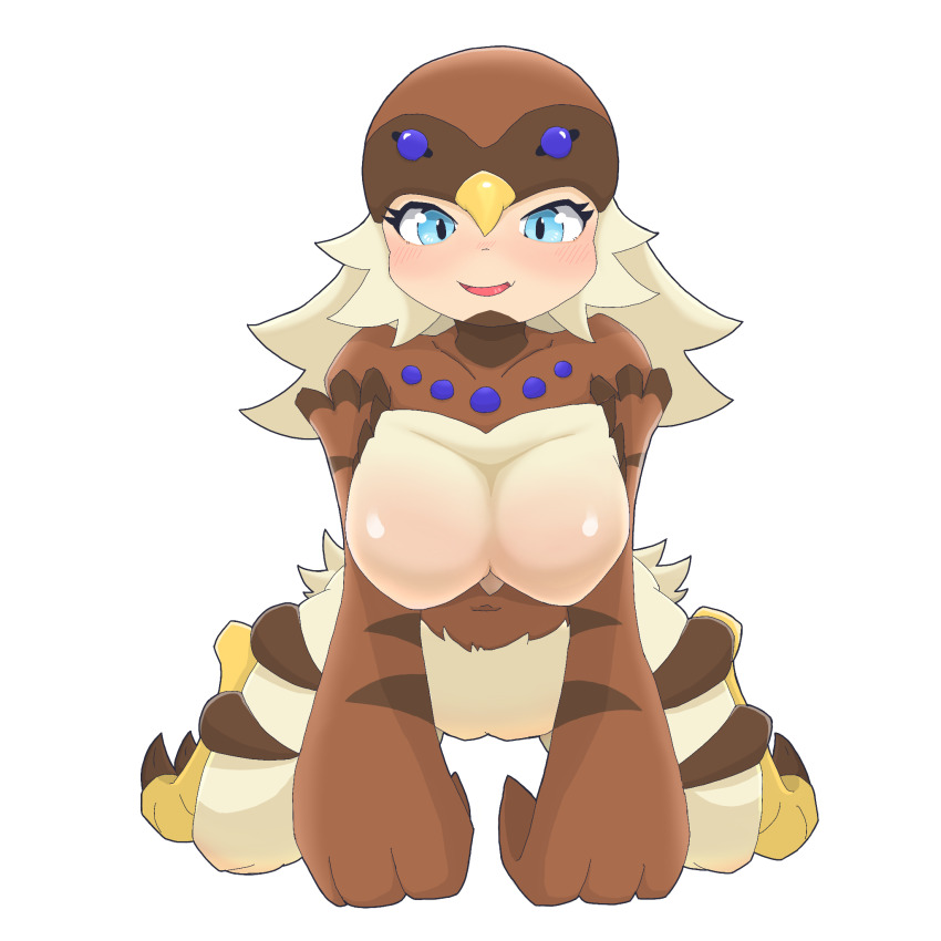 1girl, alternate_breast_size_(larger), bird_hat, bird_legs, blonde_hair, blue_eyes, blush, breasts, brown_wings, commentary_request, duel_monster, fang, feather_fingers, harpy, highres, kneeling, large_breasts, long_hair, lyrilusc_-_cobalt_sparrow, monster_girl, open_mouth, skin_fang, solo, suzuki_(artist), talons, winged_arms, wings, yu-gi-oh!