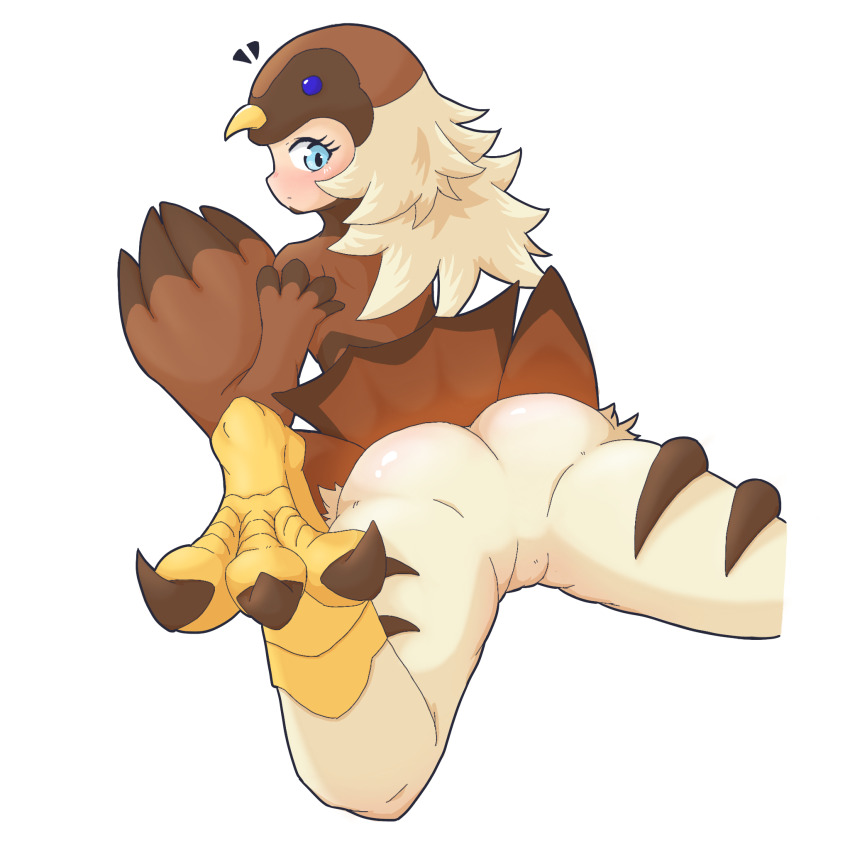 1girl, bird_hat, bird_legs, bird_tail, blonde_hair, blue_eyes, blush, brown_wings