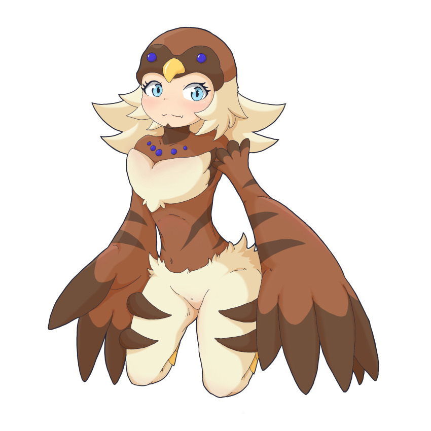 1girl, bird_hat, bird_legs, blonde_hair, blue_eyes, brown_wings, commentary_request, covered_navel